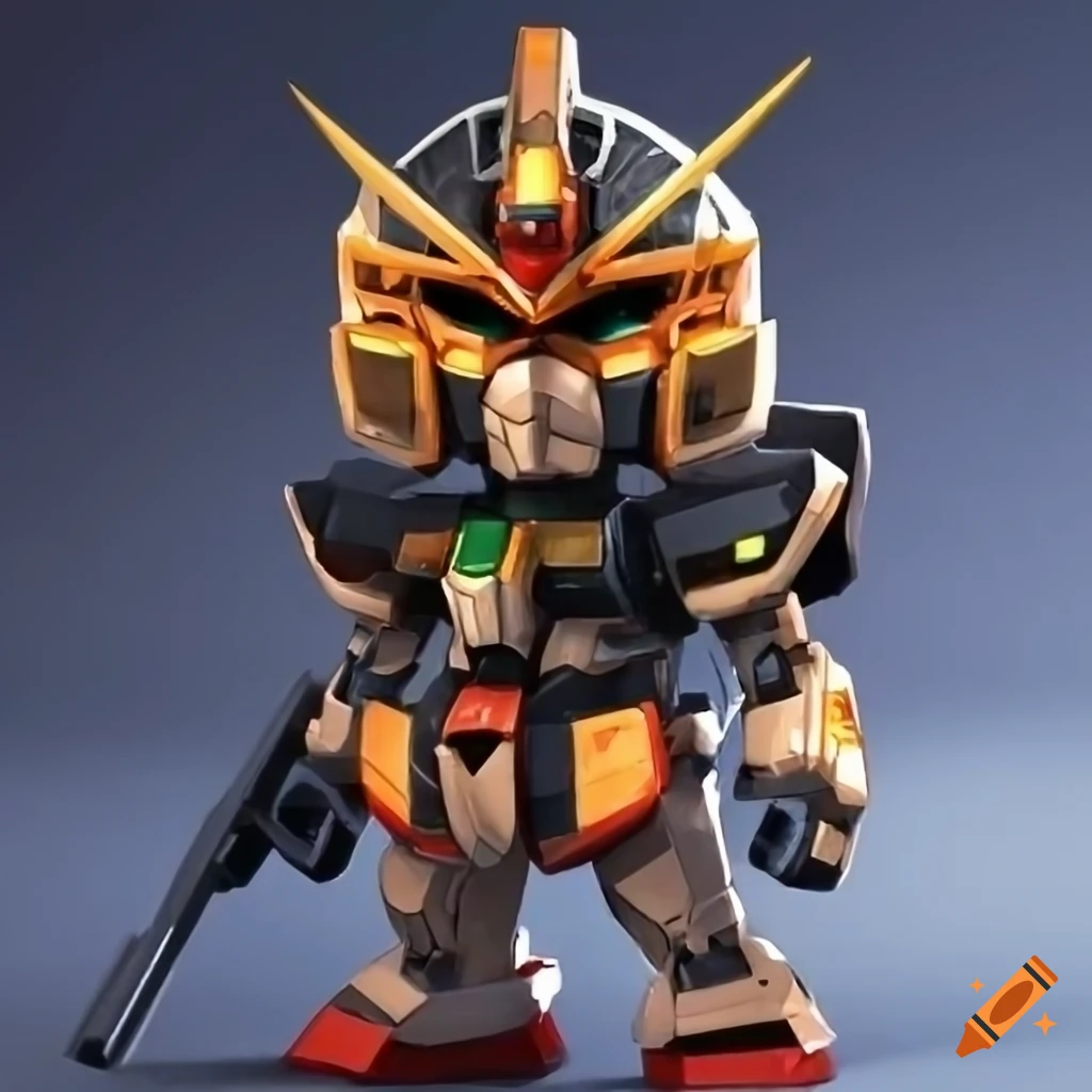 chibi gundam robot in black and orange colors