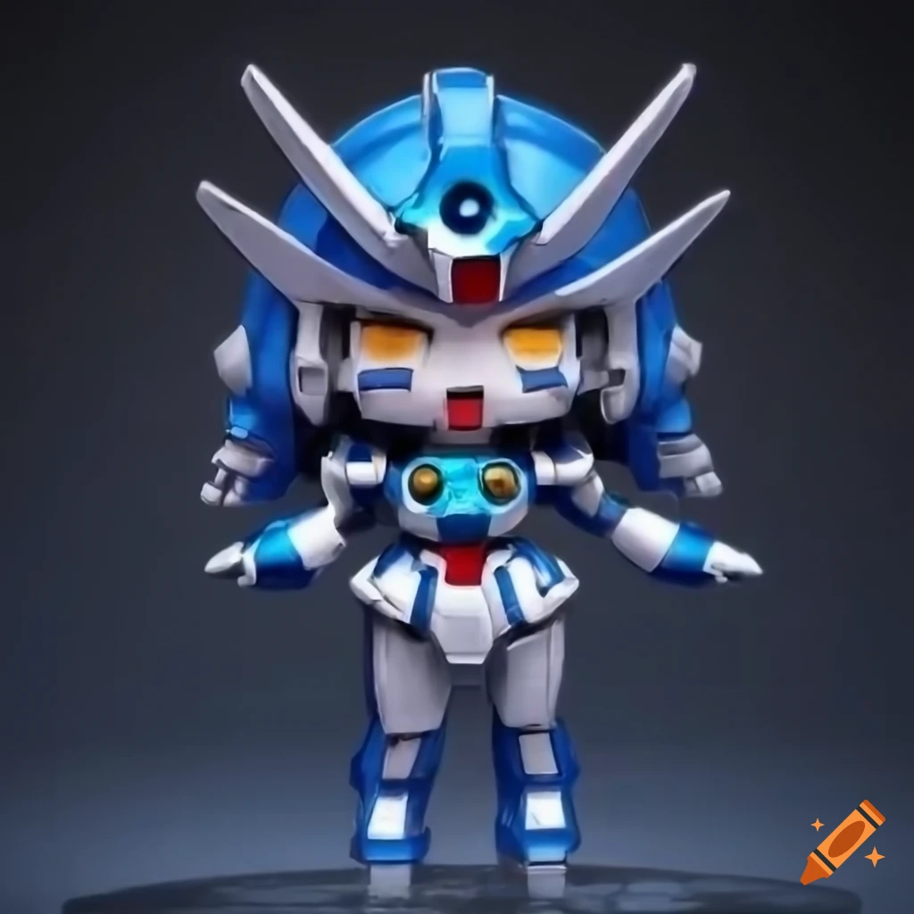 metallic chibi gundam with googly eyes