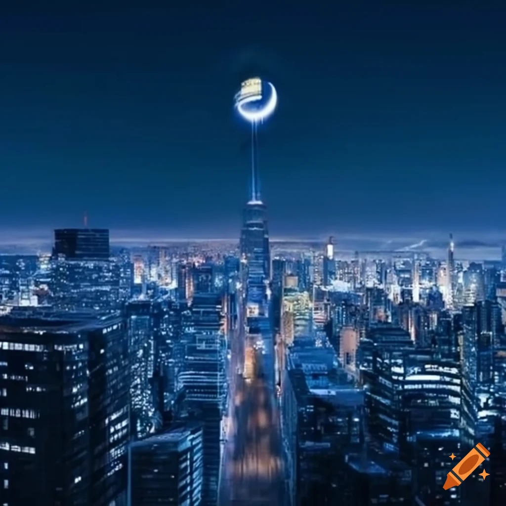 night cityscape with towering skyscraper