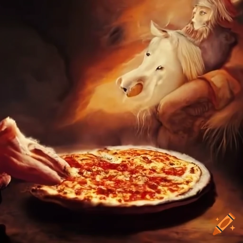 Horses eating pizza on mount olympus on Craiyon