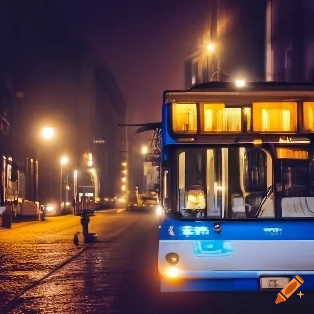 nighttime image of a trolleybus on the road