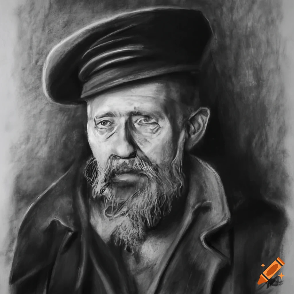 charcoal drawing of a boat captain