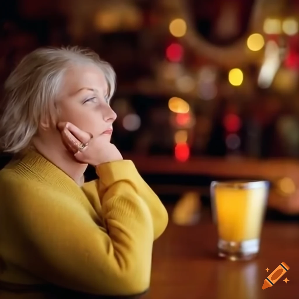 portrait of a blonde woman at a pub table