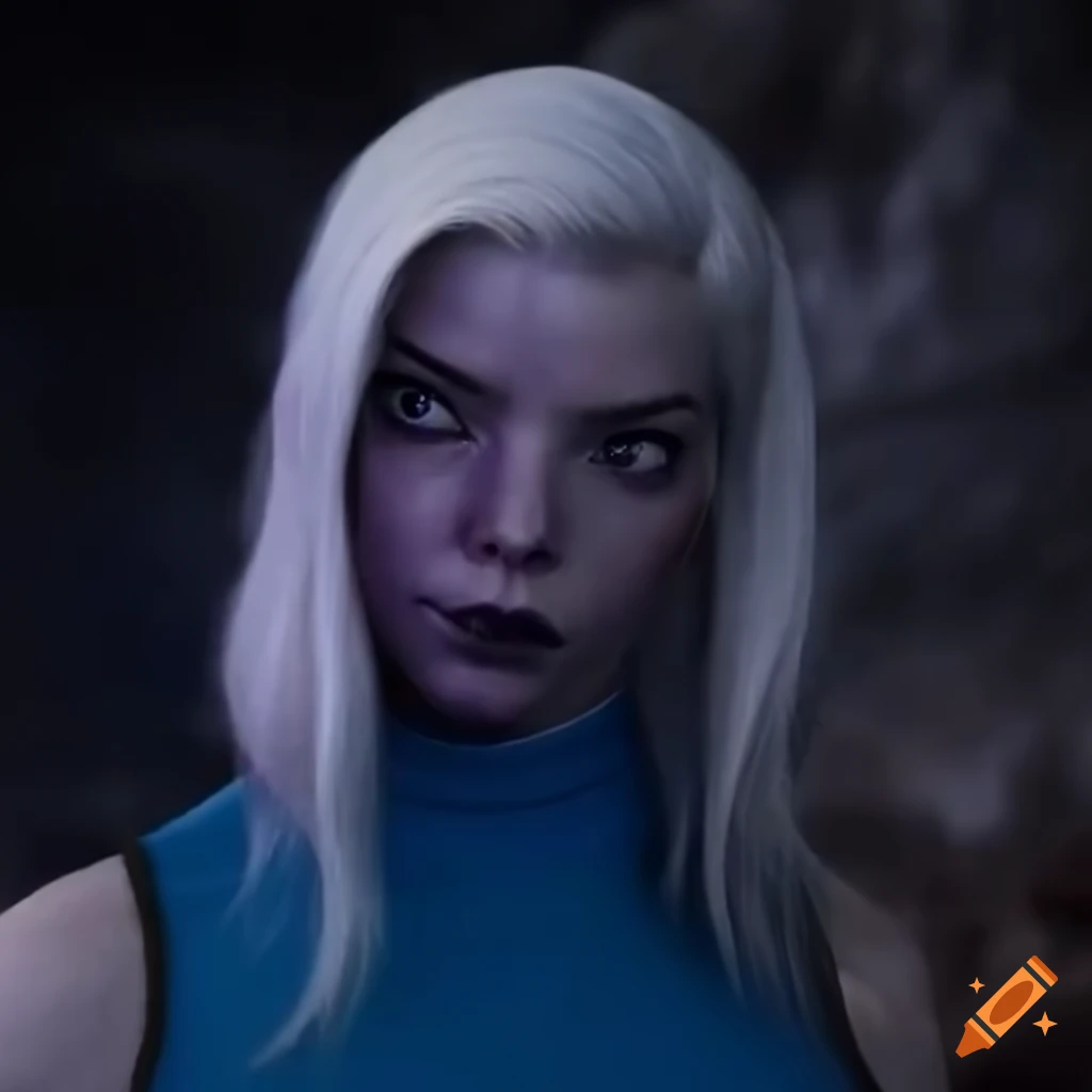 Character design of a dark skinned alien girl with white hair and blue