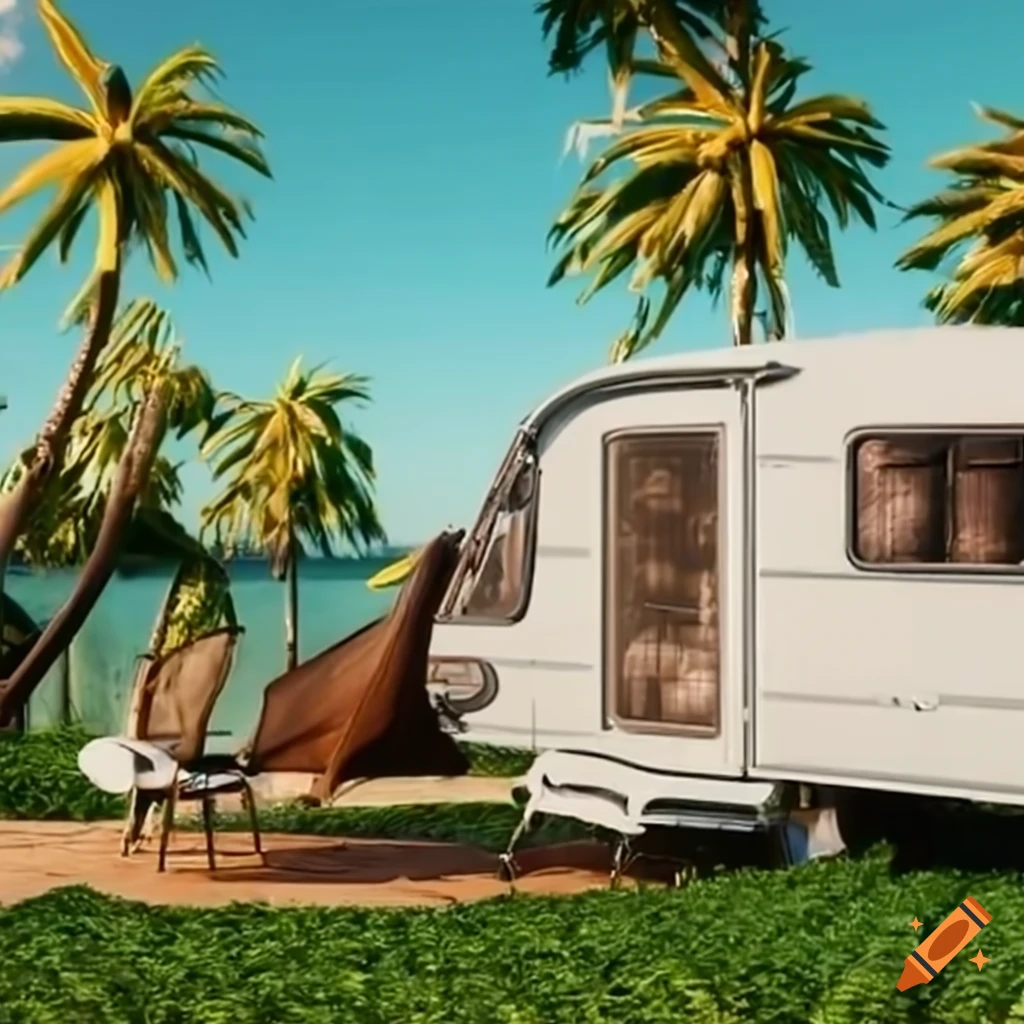 luxury caravan parked on an island with beautiful furniture