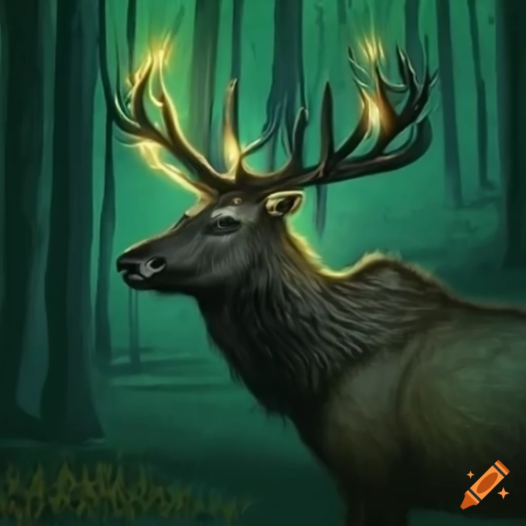 pencil sketch of a majestic elk in a magical forest