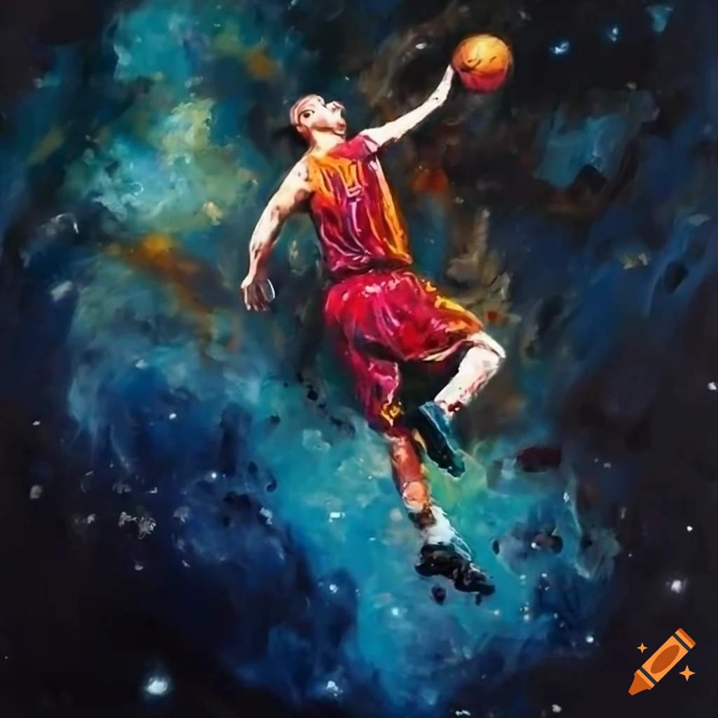 Oil painting of basketball player dunking in a nebula explosion on Craiyon