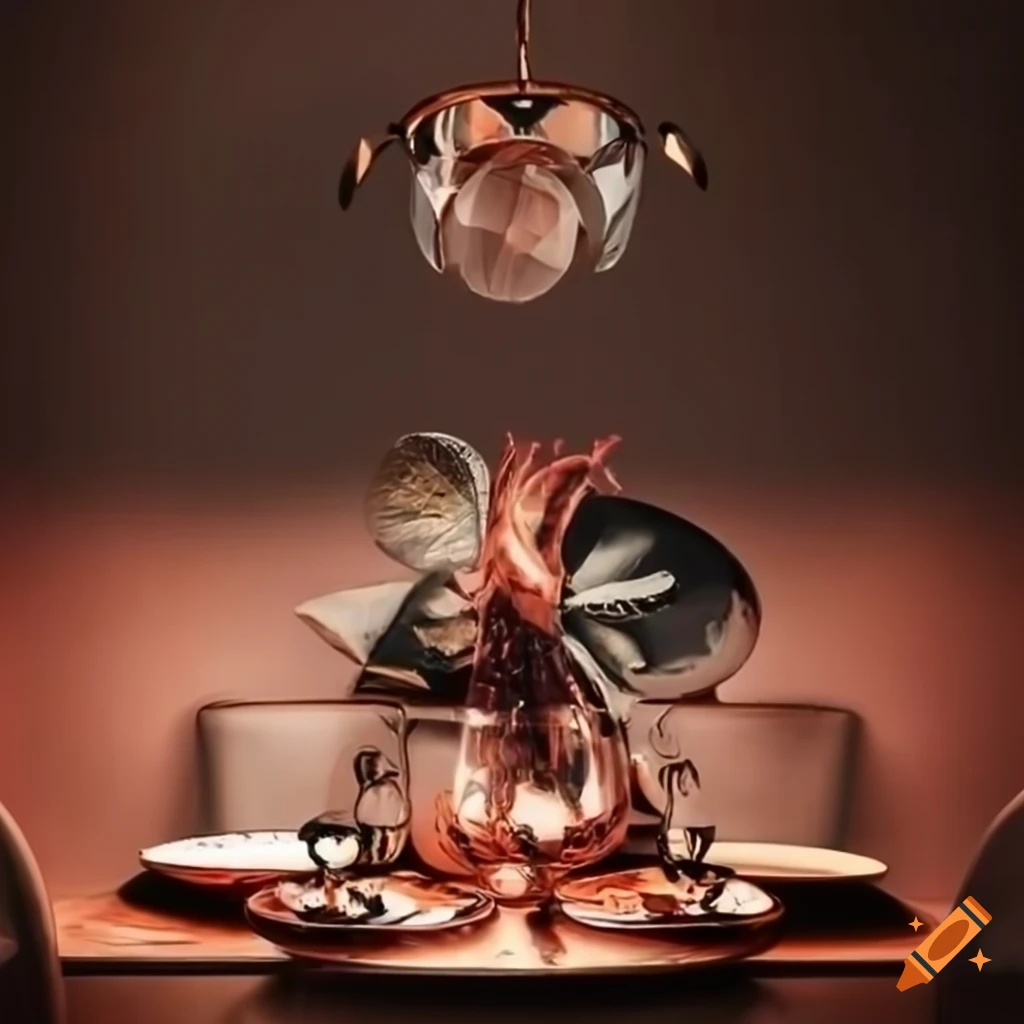surrealistic pastries on a table with glasses and goldfish in a wine glass