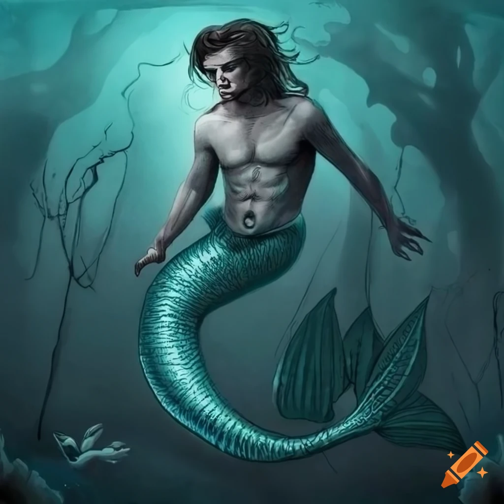 detailed black and white etching of a merman