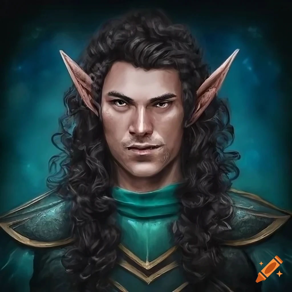 Portrait of a male elf with black curly hair