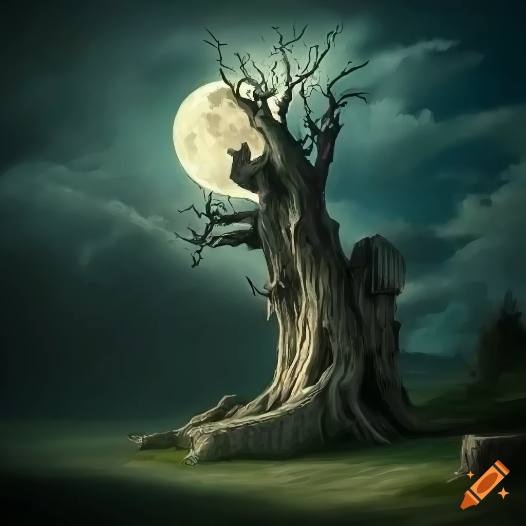 hyperrealistic artwork of stone tree-like structures in moonlight