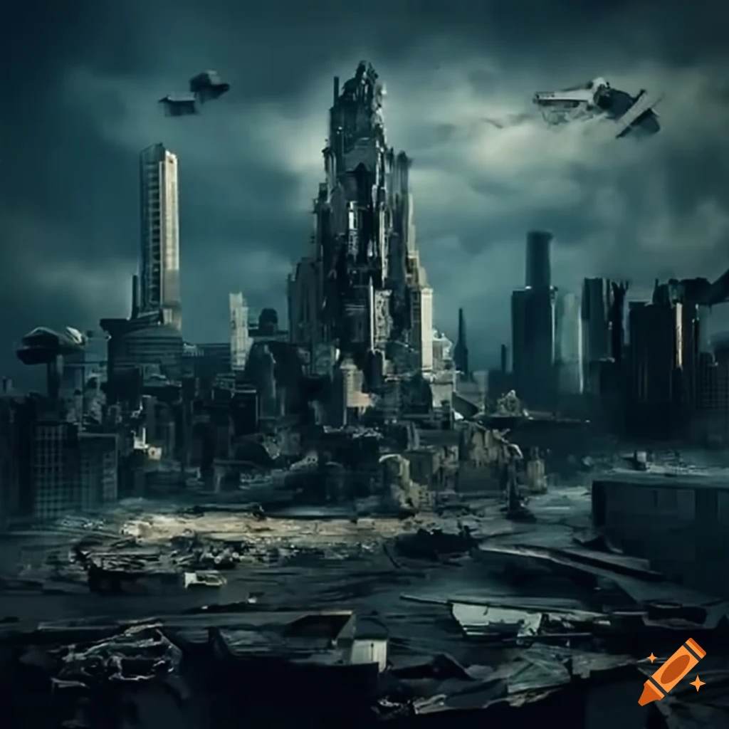 Dystopian cityscape under alien invasion on Craiyon