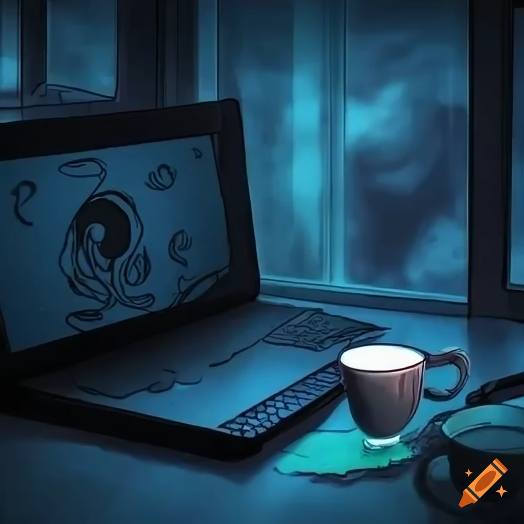 dark line art logo of a hacker in a messy room