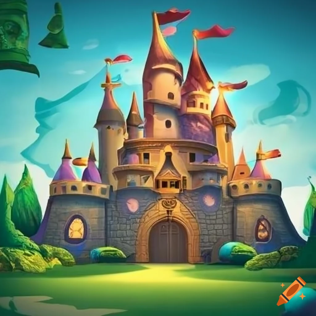 pixar style castle with a closed gate
