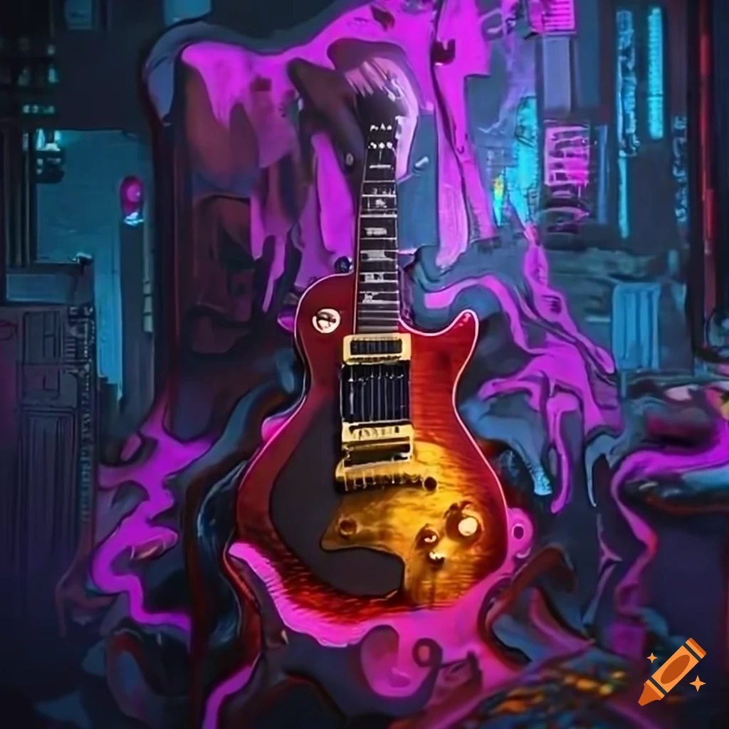 Cyberpunk artwork of a melting gibson les paul guitar
