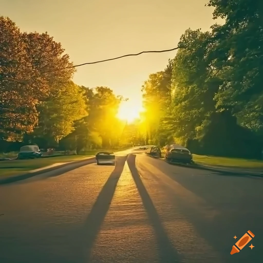 vibrant sunrise in a duplex neighborhood surrounded by green oak trees