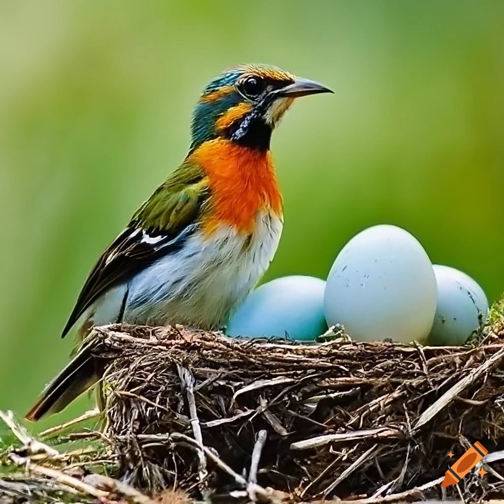 Stunning photo of a bird protecting its eggs in a nest on Craiyon