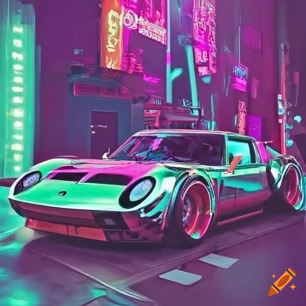 Cyberpunk Vintage Chrome Lamborghini With Neon Lights On Craiyon