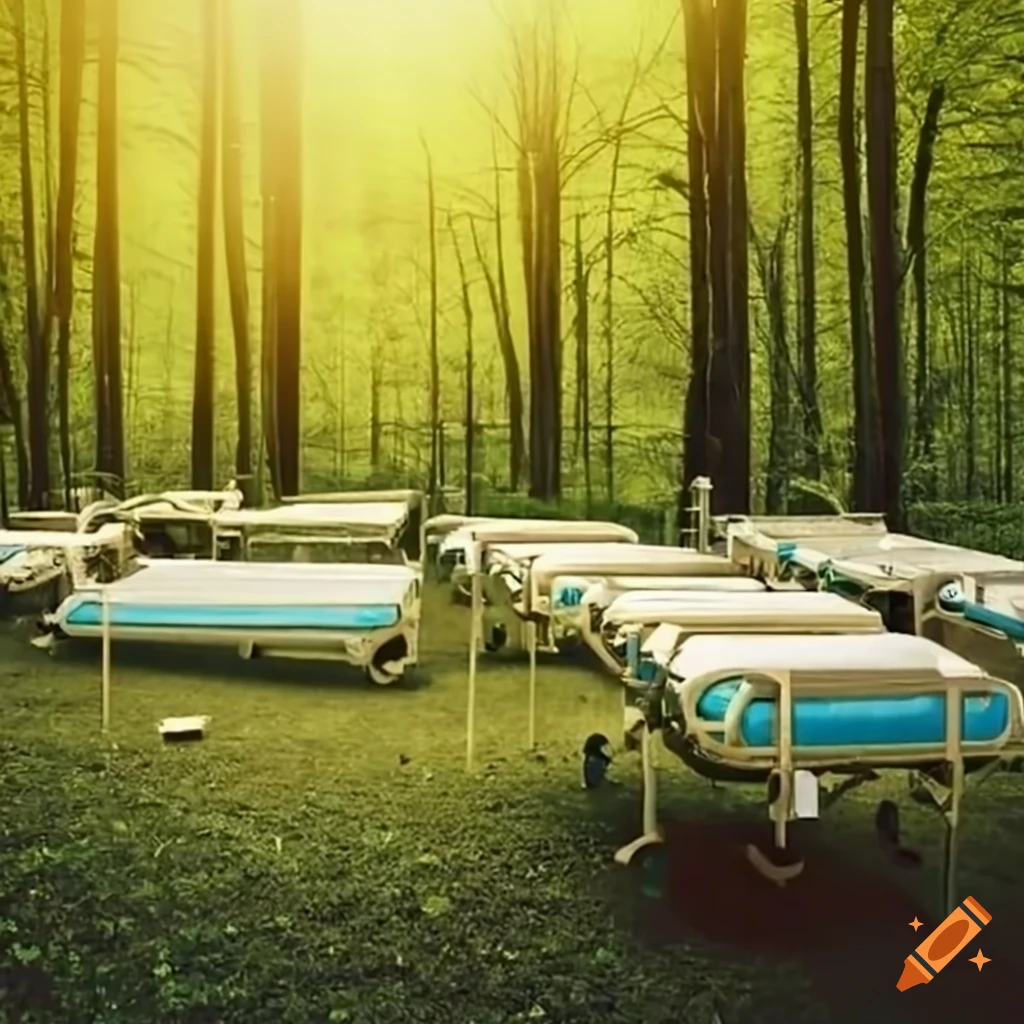 Hospital beds arranged in a natural setting on Craiyon