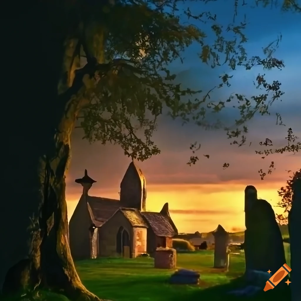 dusk at a country churchyard with a boy, tree, owl, sheep