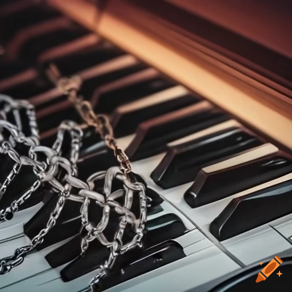 Realistic image of a piano keyboard with chains on Craiyon