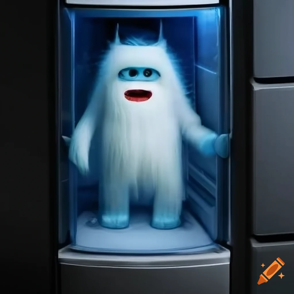 Fridge interior with a cute yeti inside on Craiyon