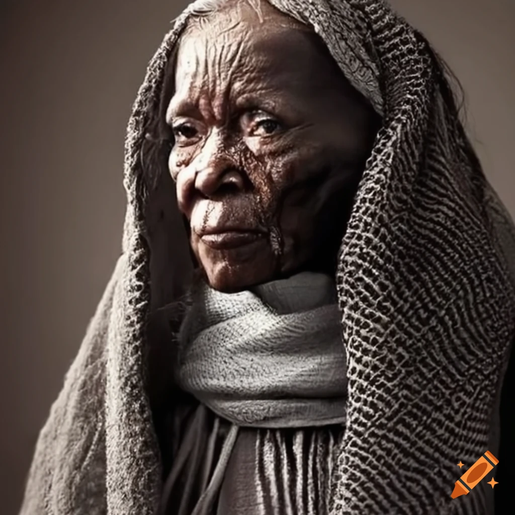 portrait of an elderly woman with gray hair and burka