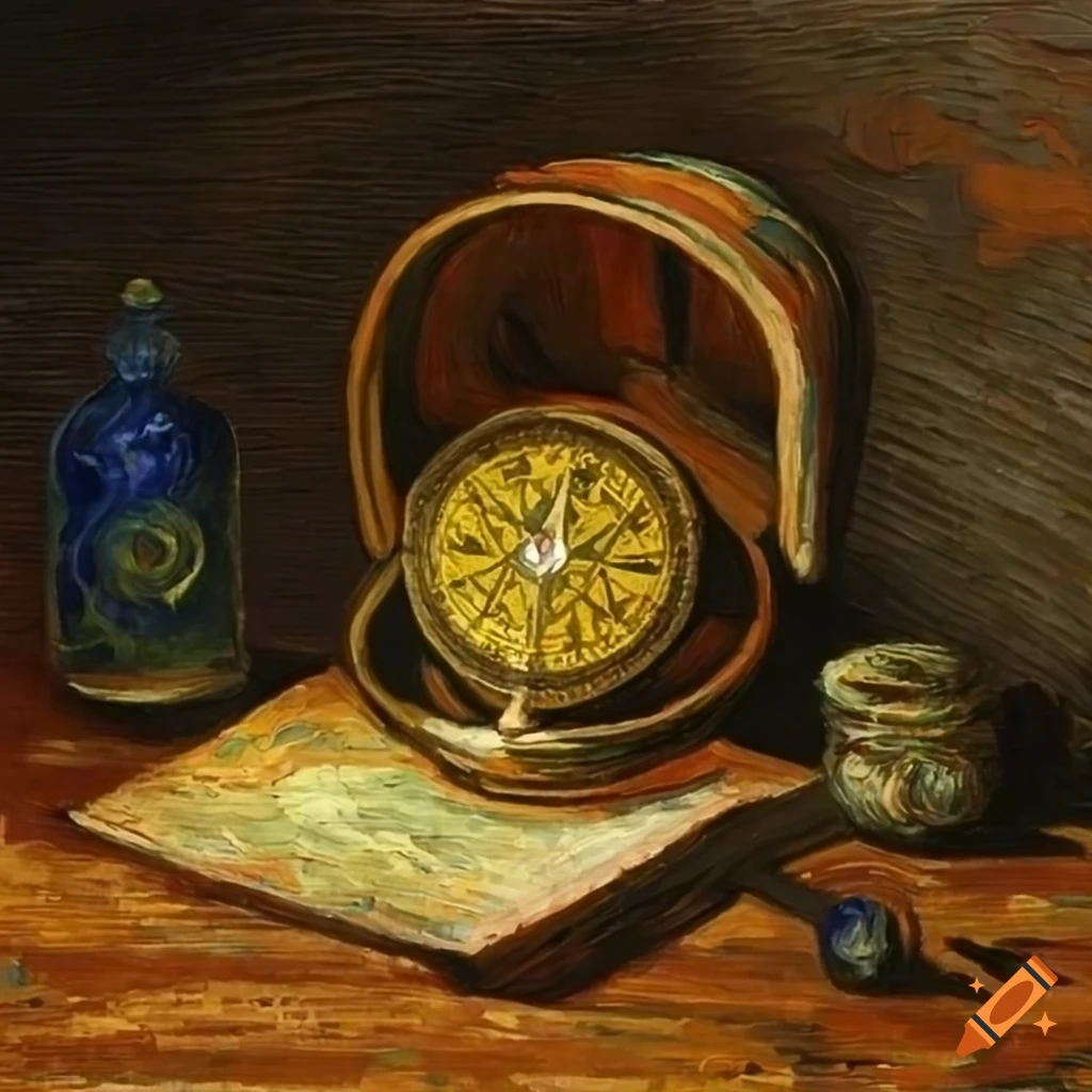 oil painting of a medieval compass on a wooden table