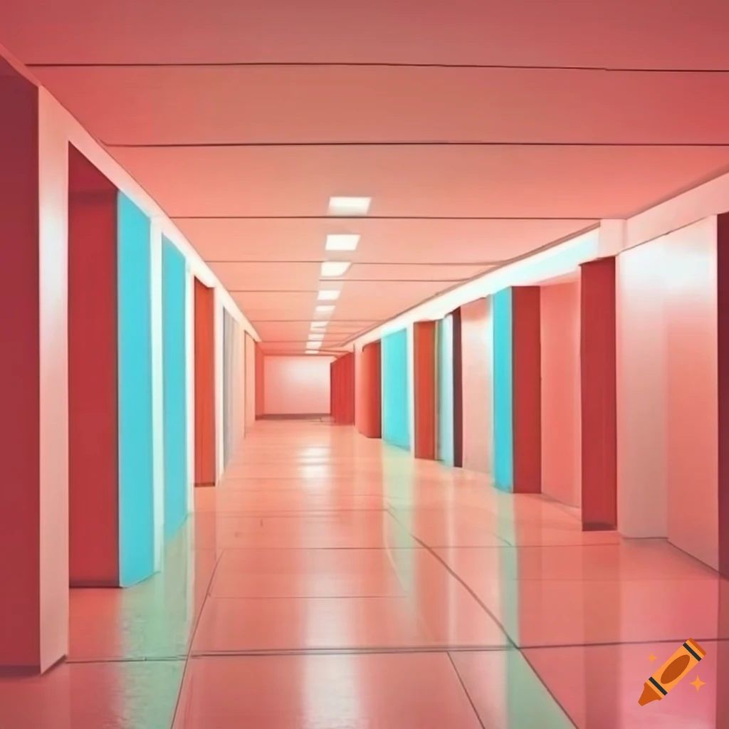 surreal liminal space with pastel colors and tiled floors