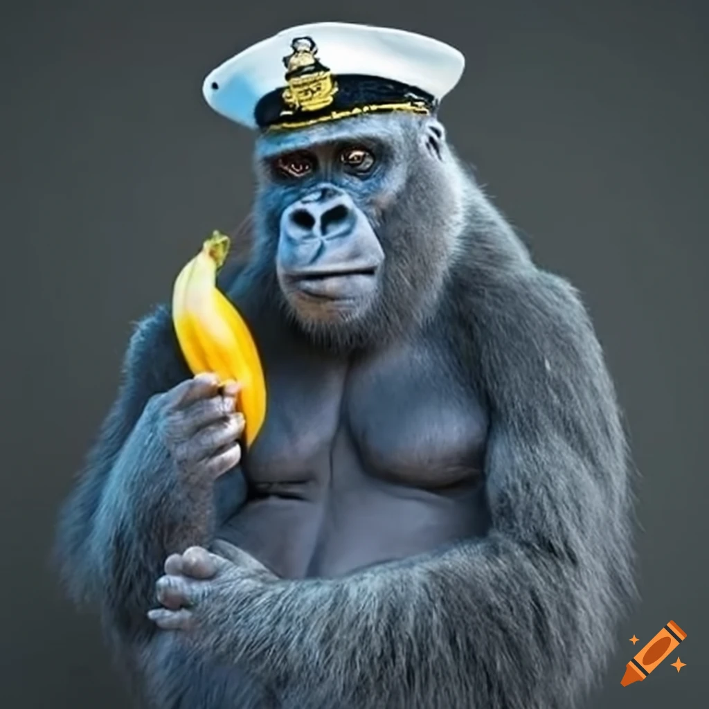 gorilla dressed as a navy officer eating a banana