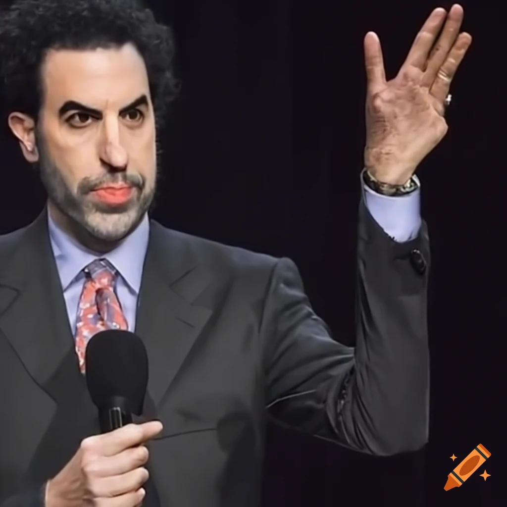 Sacha Baron Cohen Giving A Satirical Political Speech On Craiyon