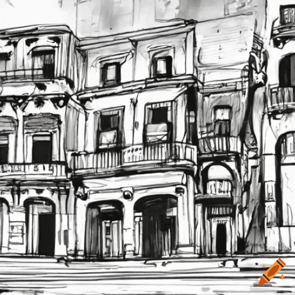 black and white ink drawing of a street in Havana