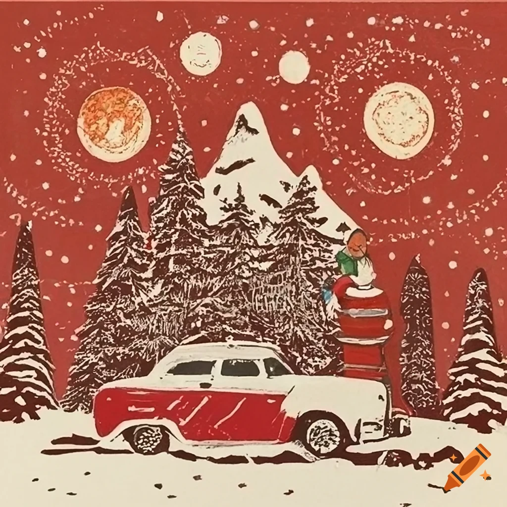 retro Christmas T-shirt design with a cozy mountain cabin in the snow