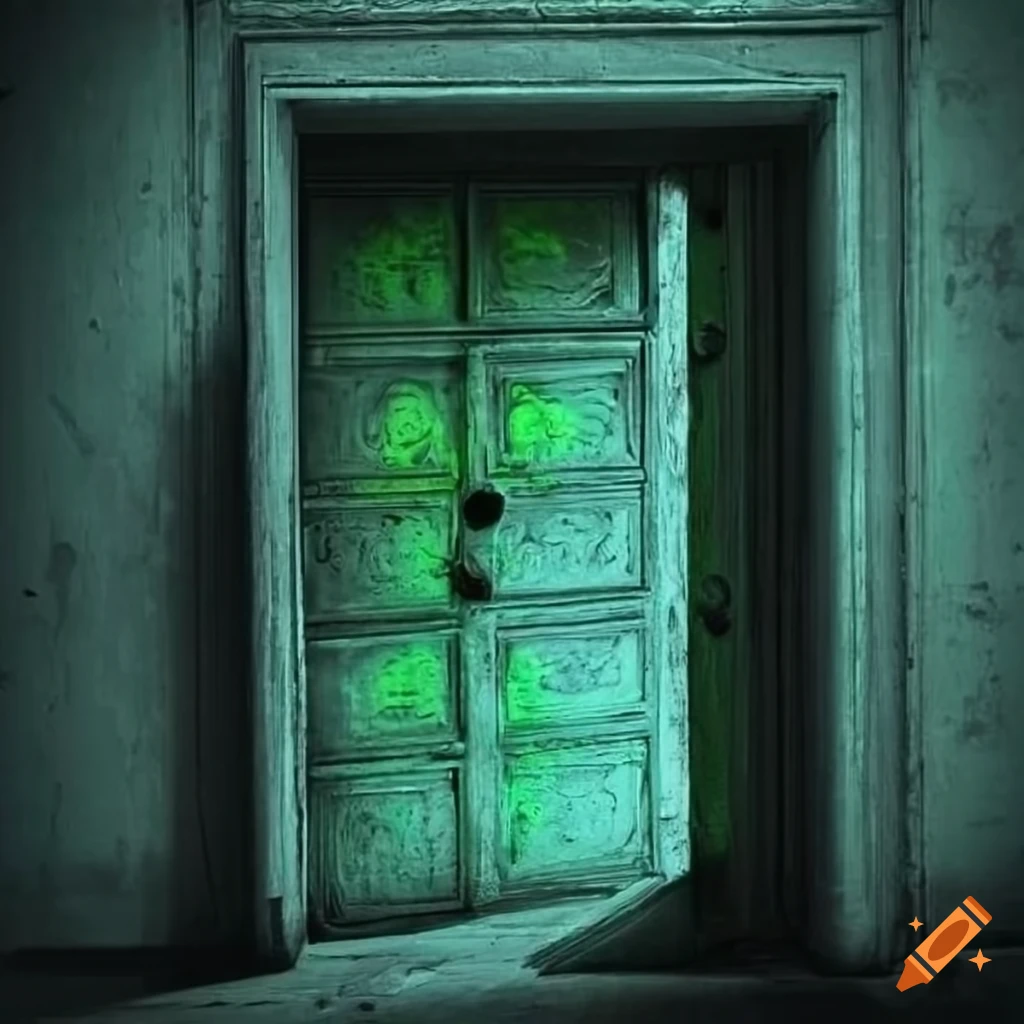 Darkness with a green light shining through a mysterious door on Craiyon