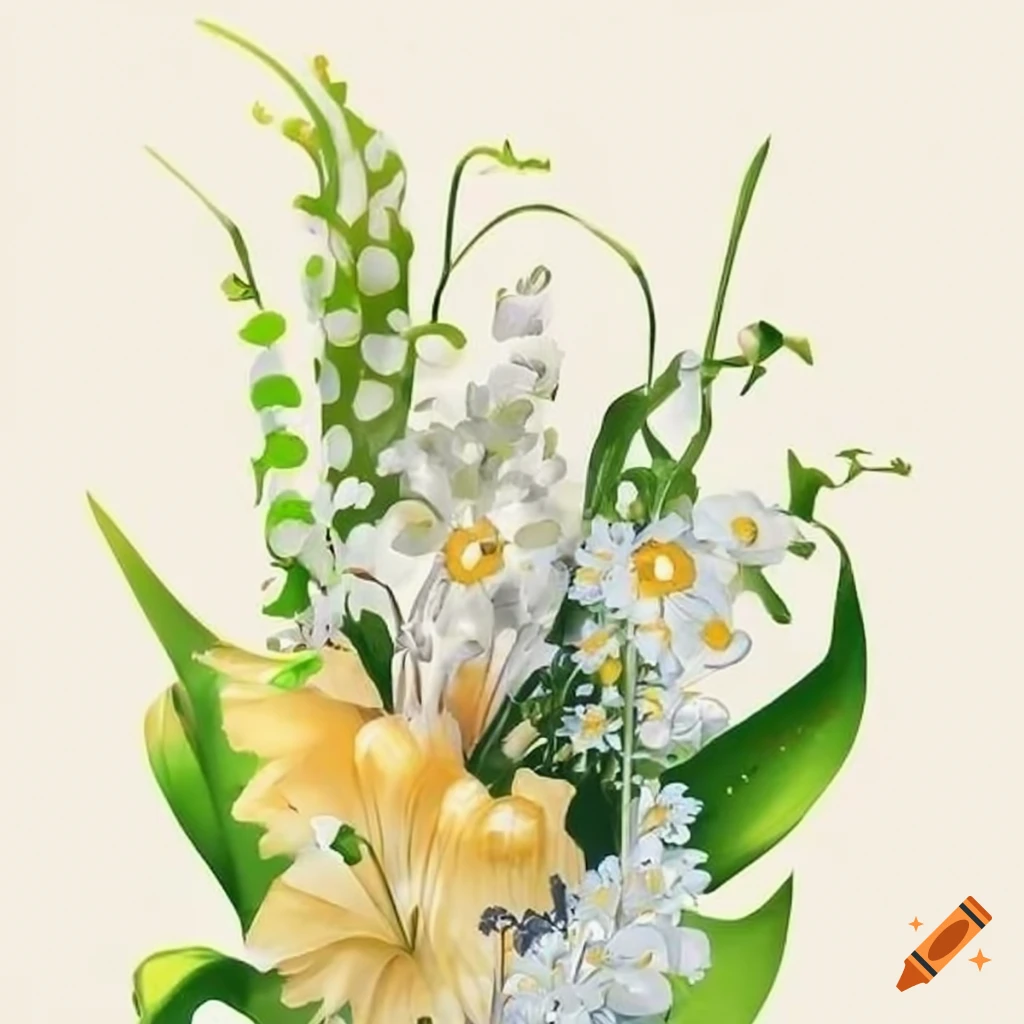 Floral arrangement with lily of the valley, daisies, and gladiolus