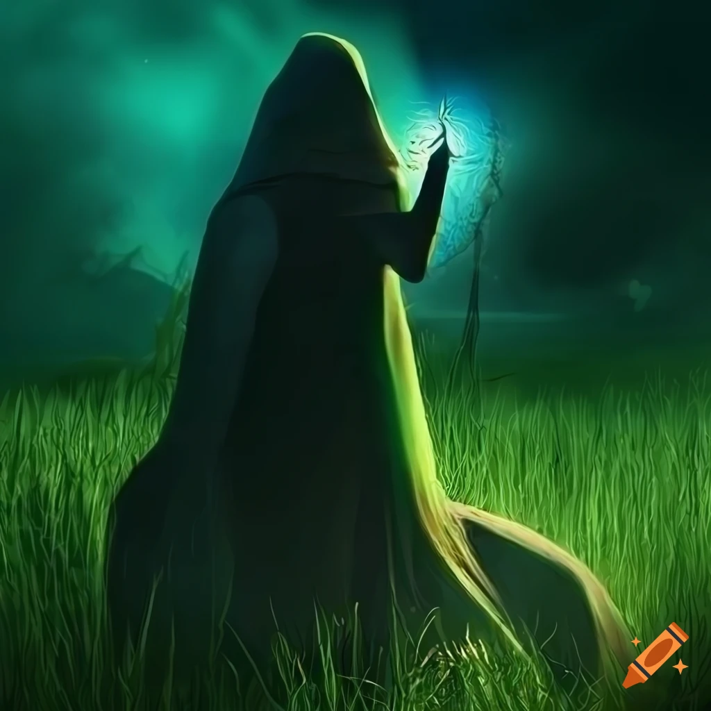 Figure in a detailed hooded cloak walking through an enchanted forest ...