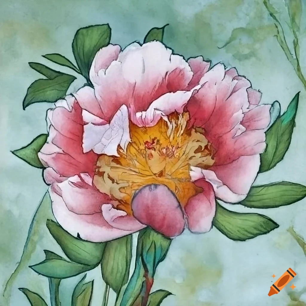 watercolor painting of a detailed peony on a textured backdrop