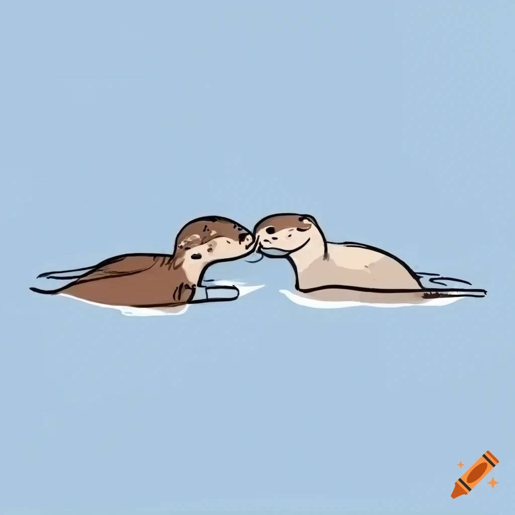 one-line drawing of cute otter couple in the water