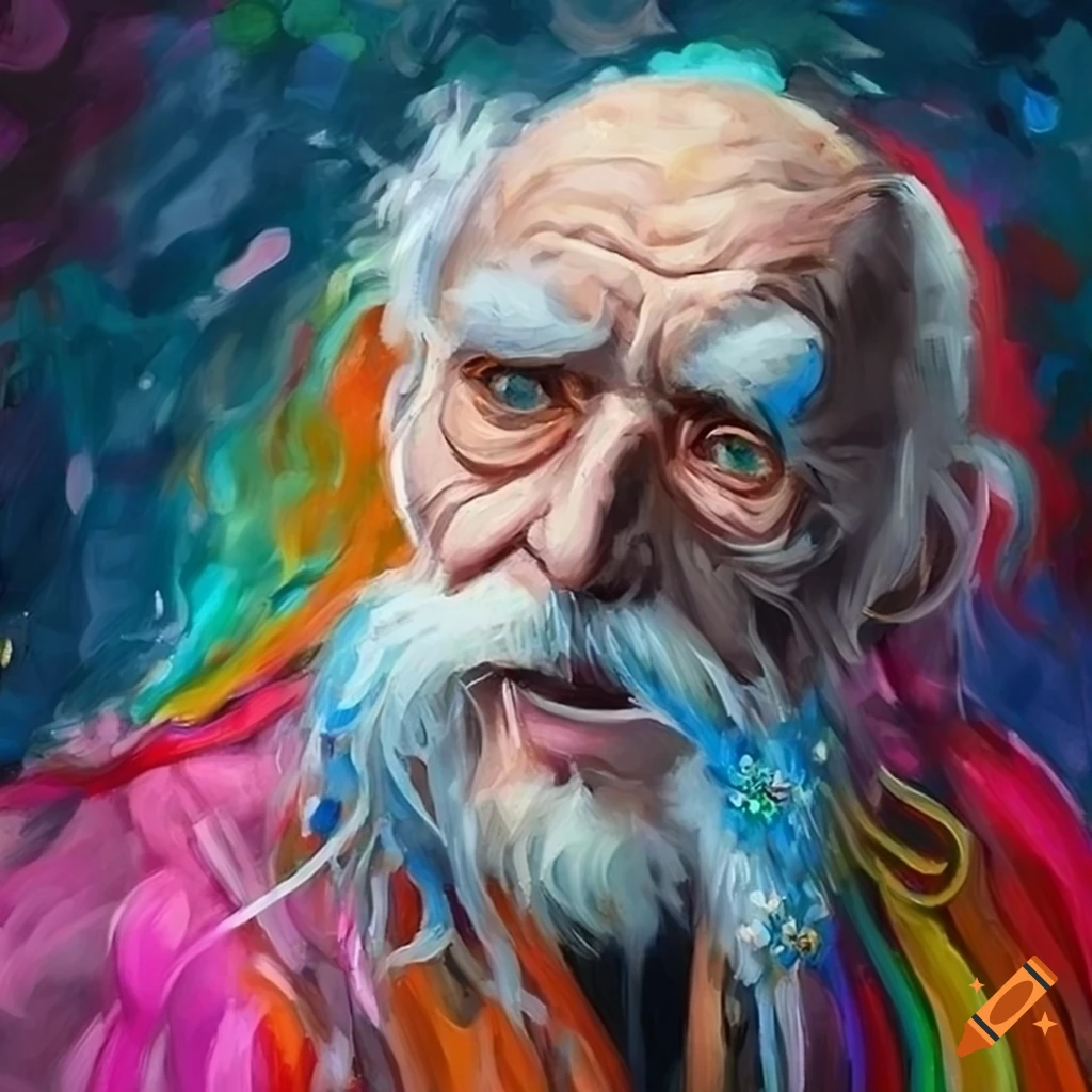 painting of an old man with white hair and colorful robe