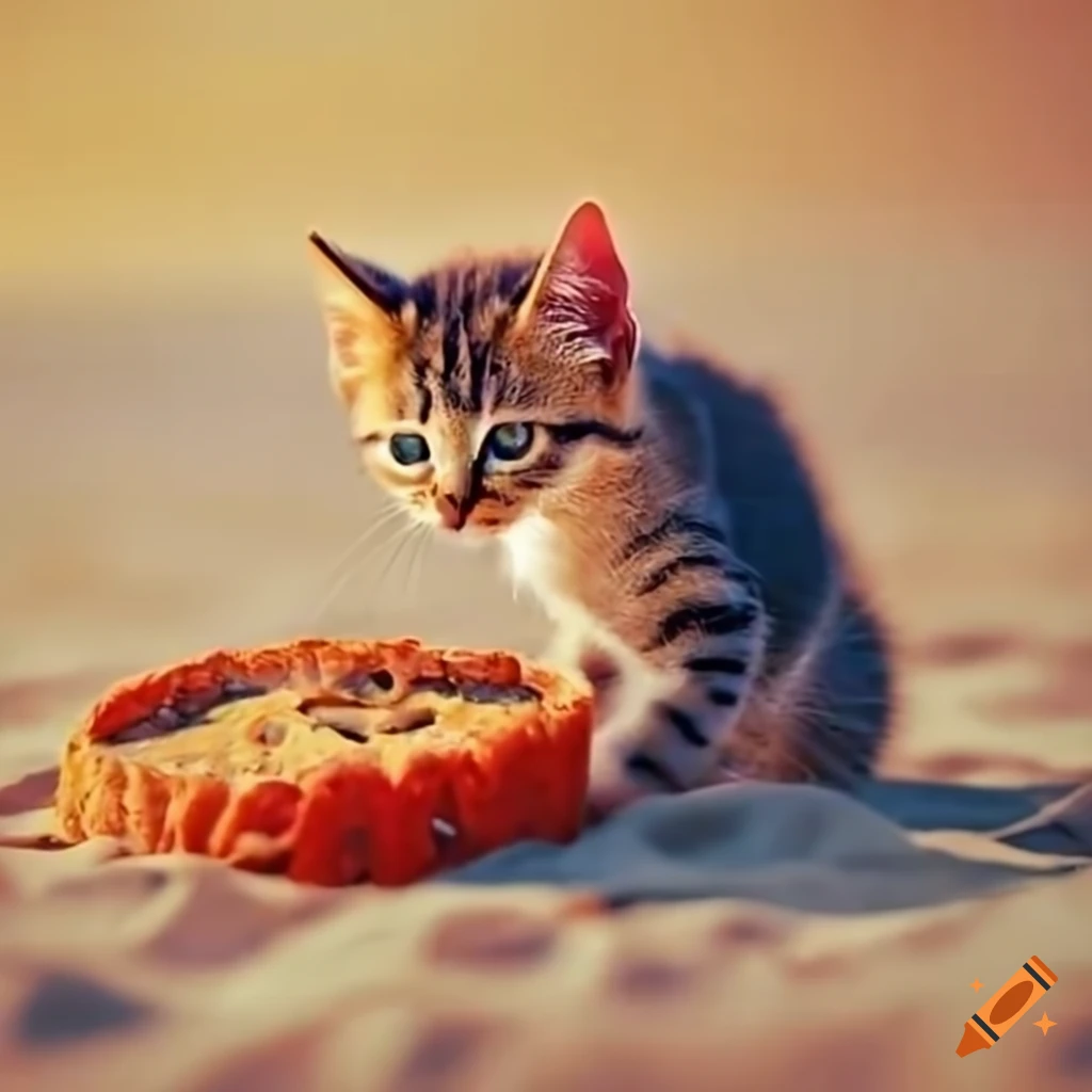 cute kitten on a sandy beach with a pie