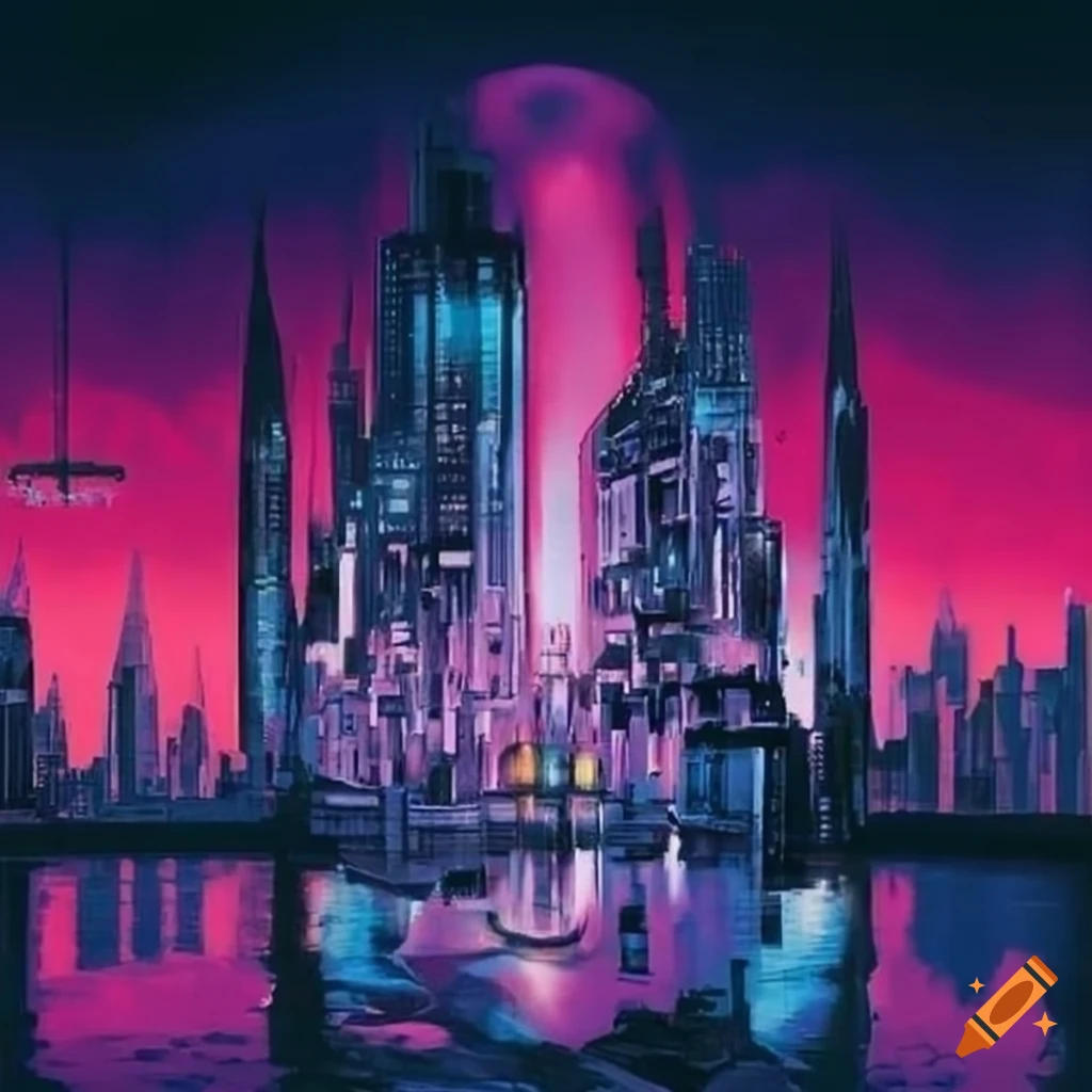 Vibrant 90's metal album art of a futuristic city on Craiyon