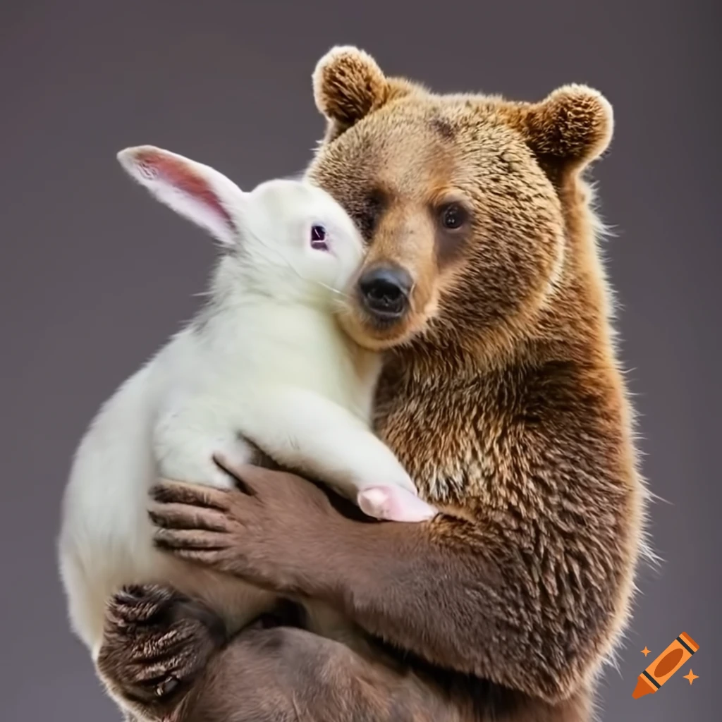 Brown bear hugging a white rabbit