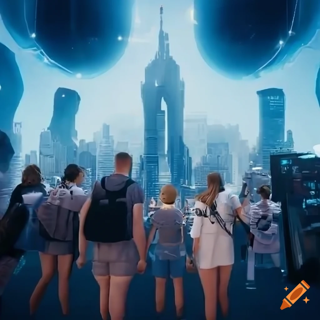 portrait selfie of a tourist family in futuristic New York