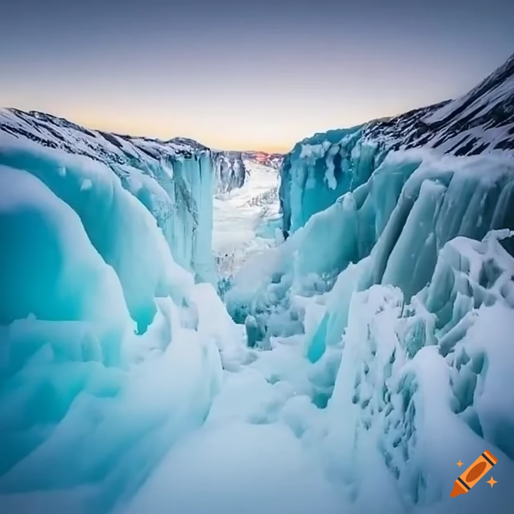 bird's-eye view of a snowy canyon during a blizzard