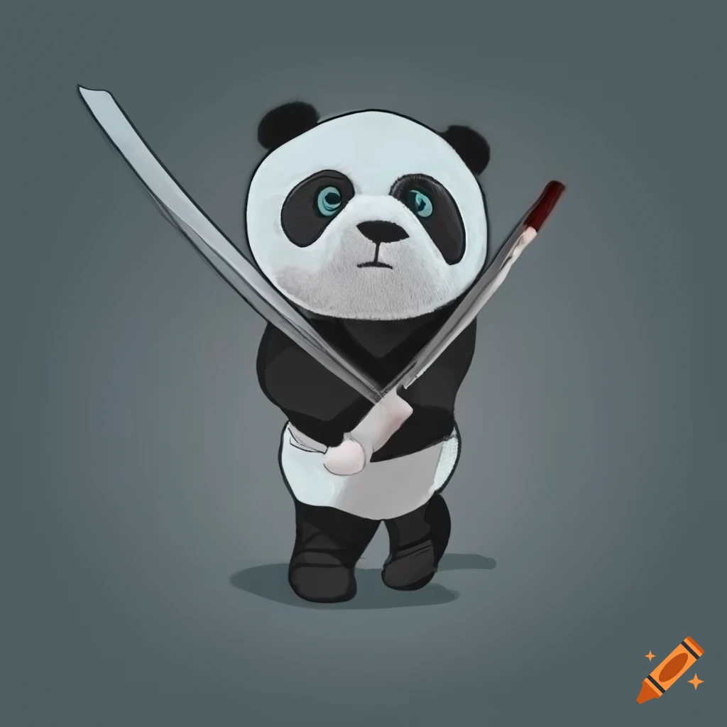 minimalist design of an angry panda with a katana