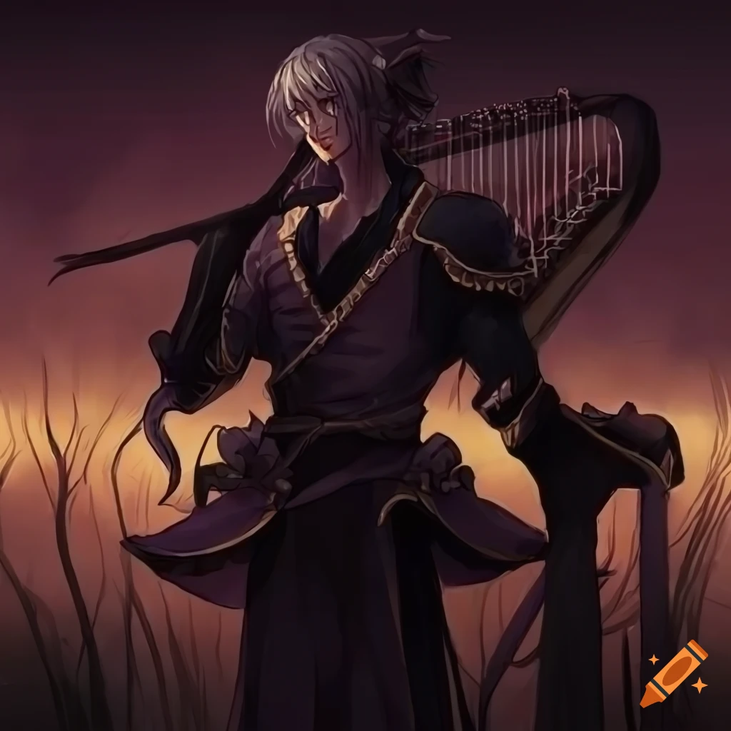 detailed artwork of a male bard in a cyberpunk meadow