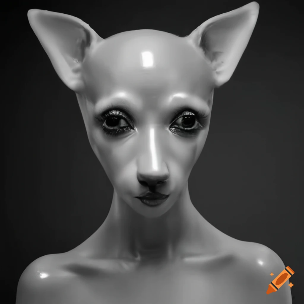 Transparent latex fashion woman face with toy-terrier head on Craiyon