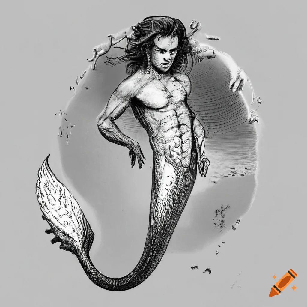 detailed etching of a merman named Steve Harrington