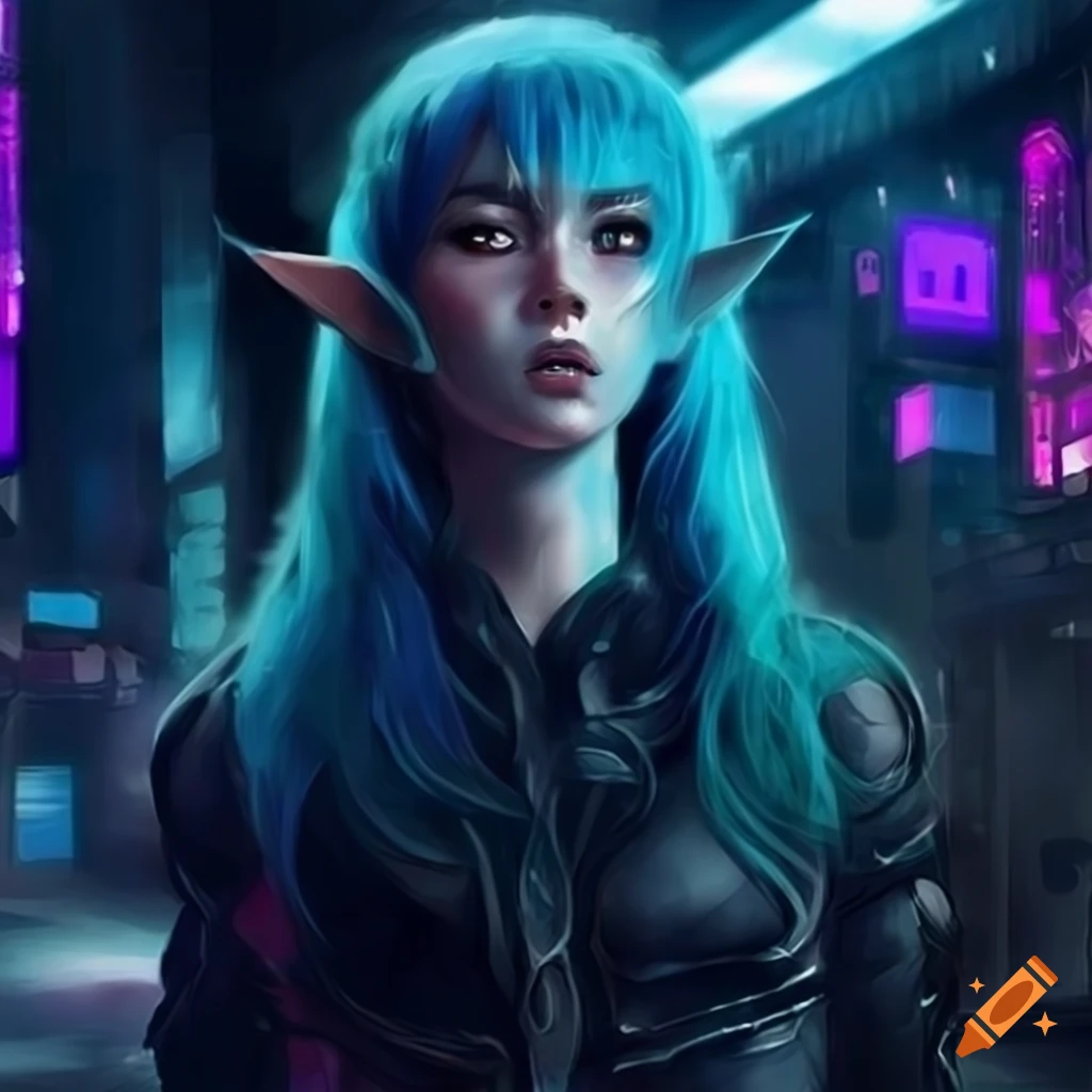 Scifi wallpaper of a blueskinned space elf in a cyberpunk city on Craiyon