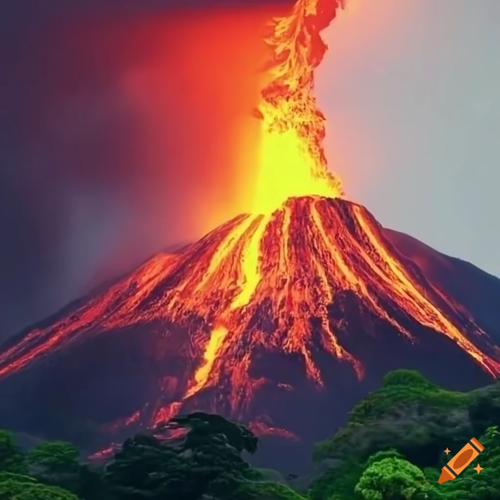sunny rainforest with erupting volcano